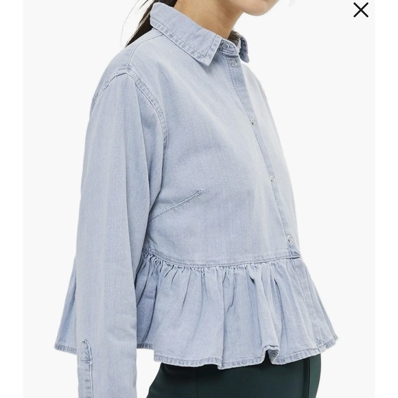 Topshop Blue Ruffle Peplum Hem Denim Shirt Snap Button Long Sleeve Women's 8 - Picture 3 of 8